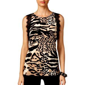 INC International Concepts Lace Trim Top Animal Print Sleeveless Brown XS NEW